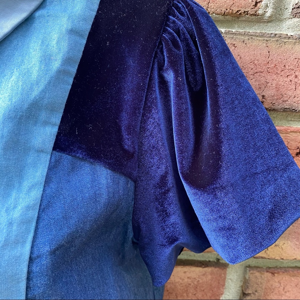 Blue Color Block Velvet & Chambray Button Shirt S - image 5